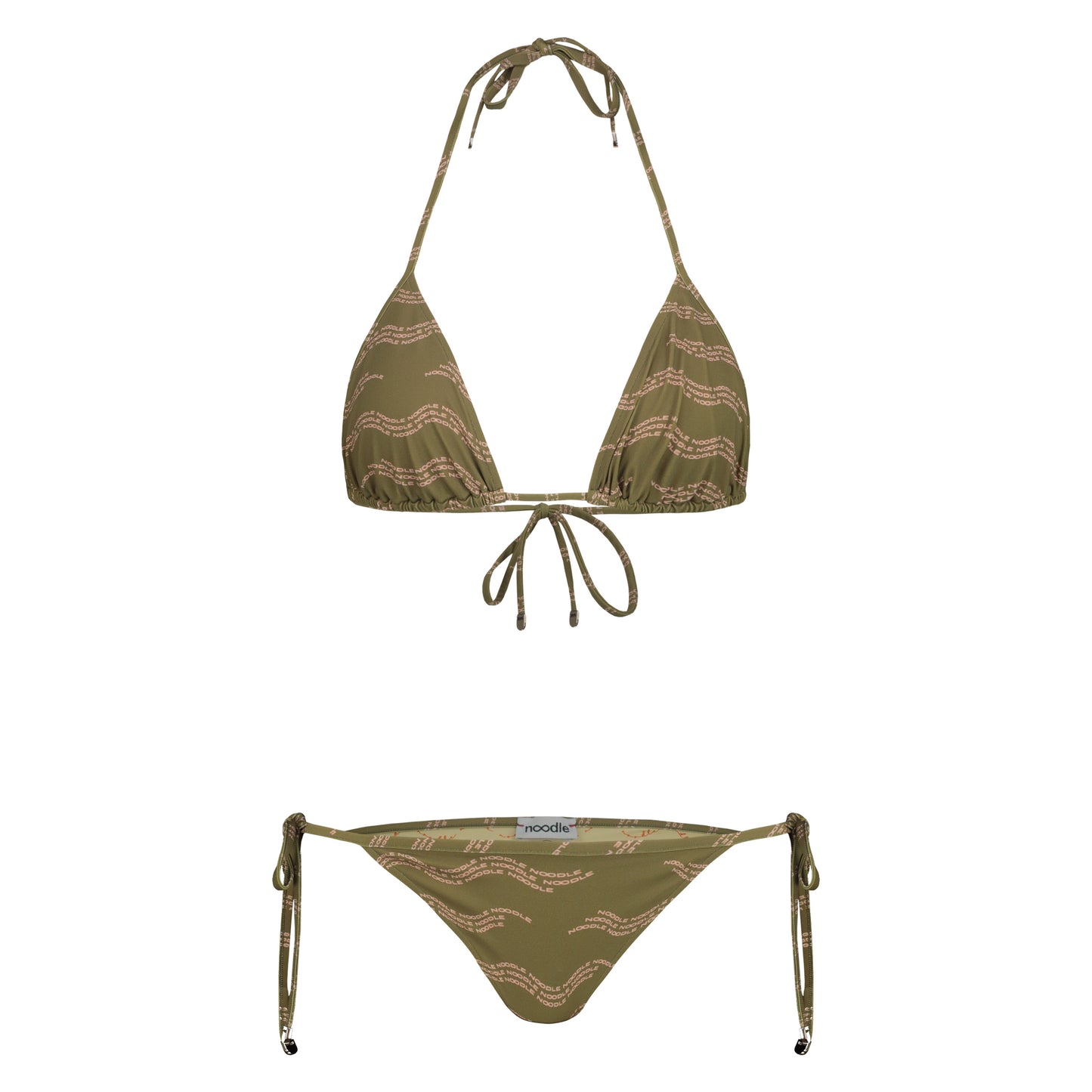 Lou halterneck triangle bikini set with adjustable knots, premium original wave-inspired military green and pink