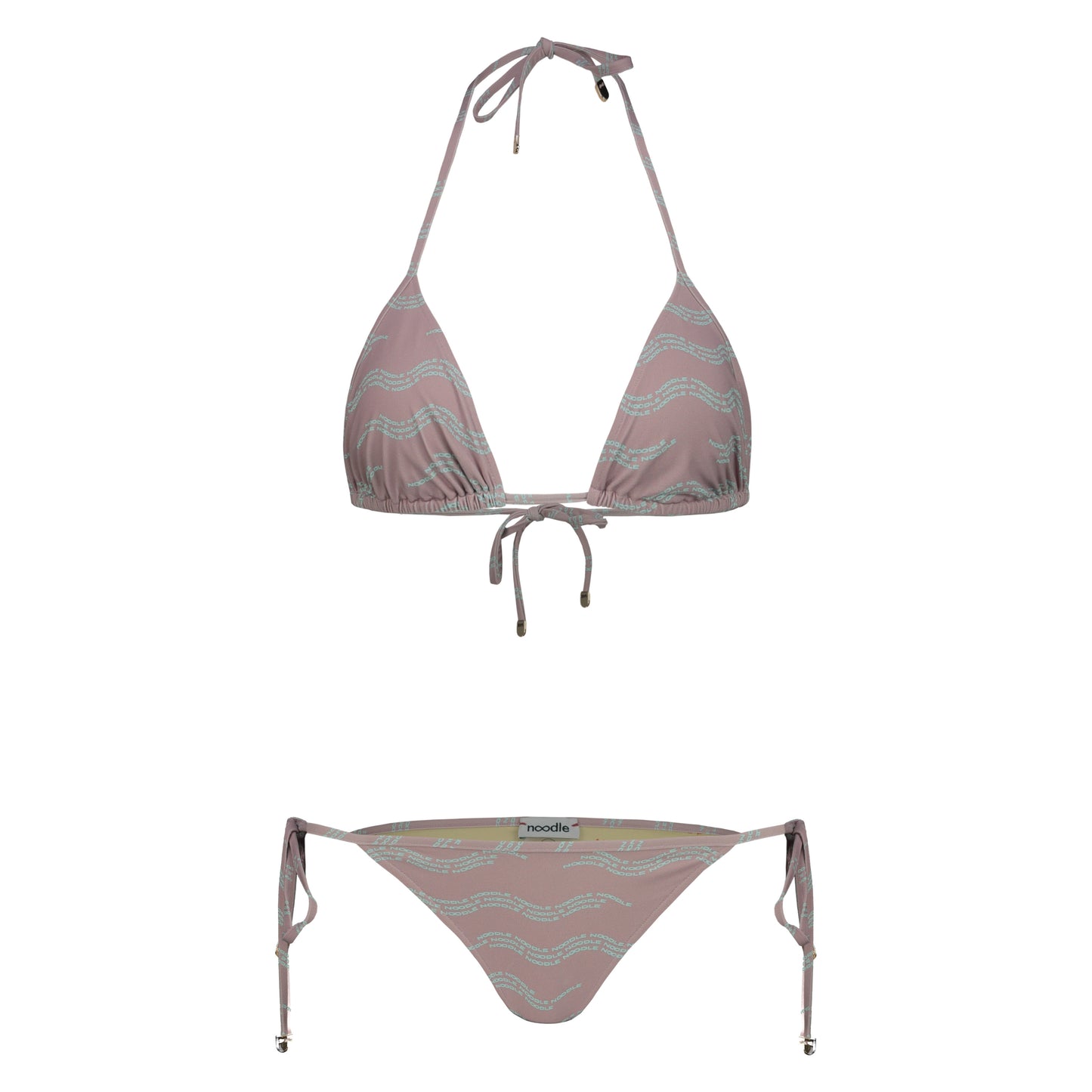Lou halterneck triangle bikini set with adjustable knots, premium original wave-inspired print in pink and light blue