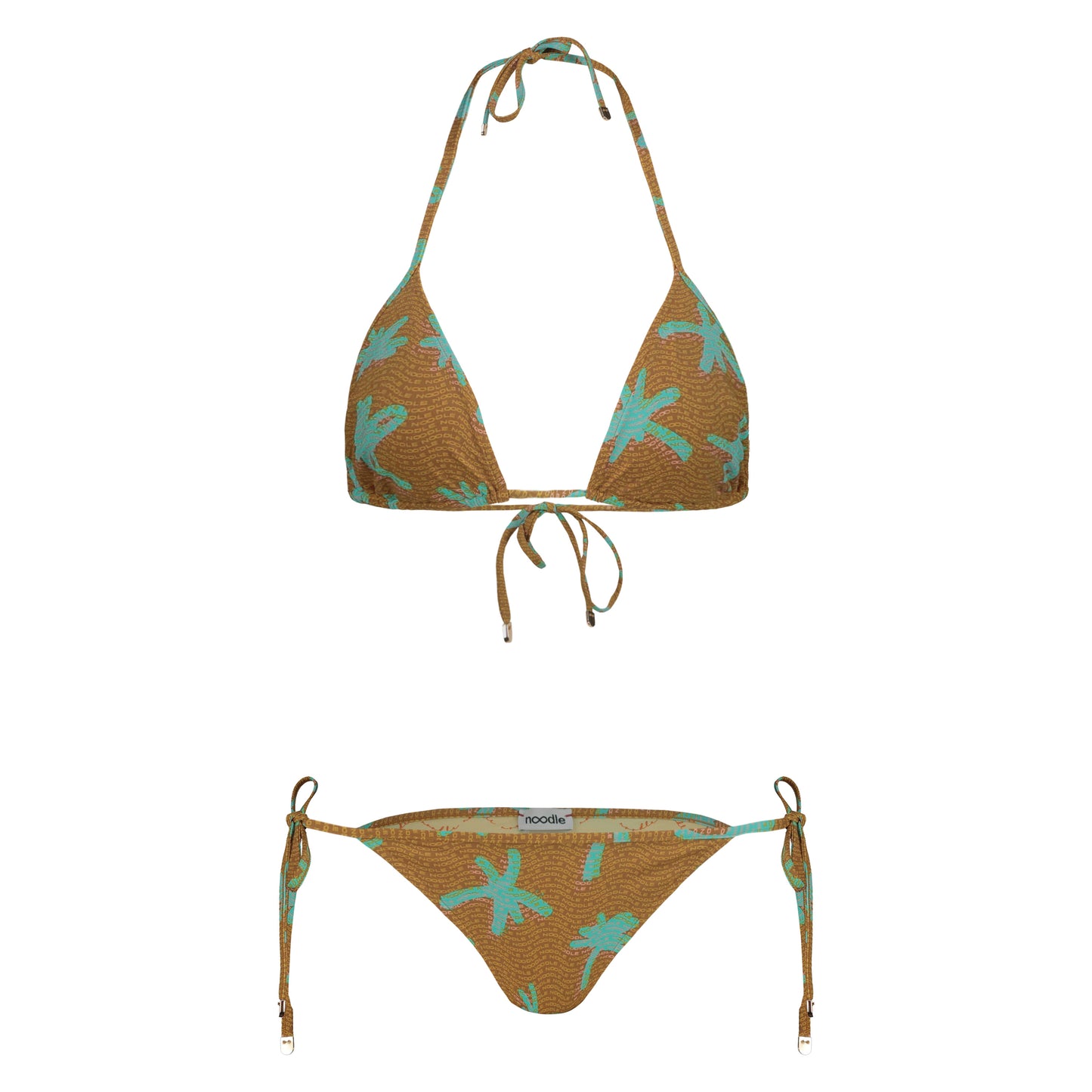 Lou halterneck triangle bikini set with adjustable knots, premium original palm-inspired print brown, light blue with original lining.