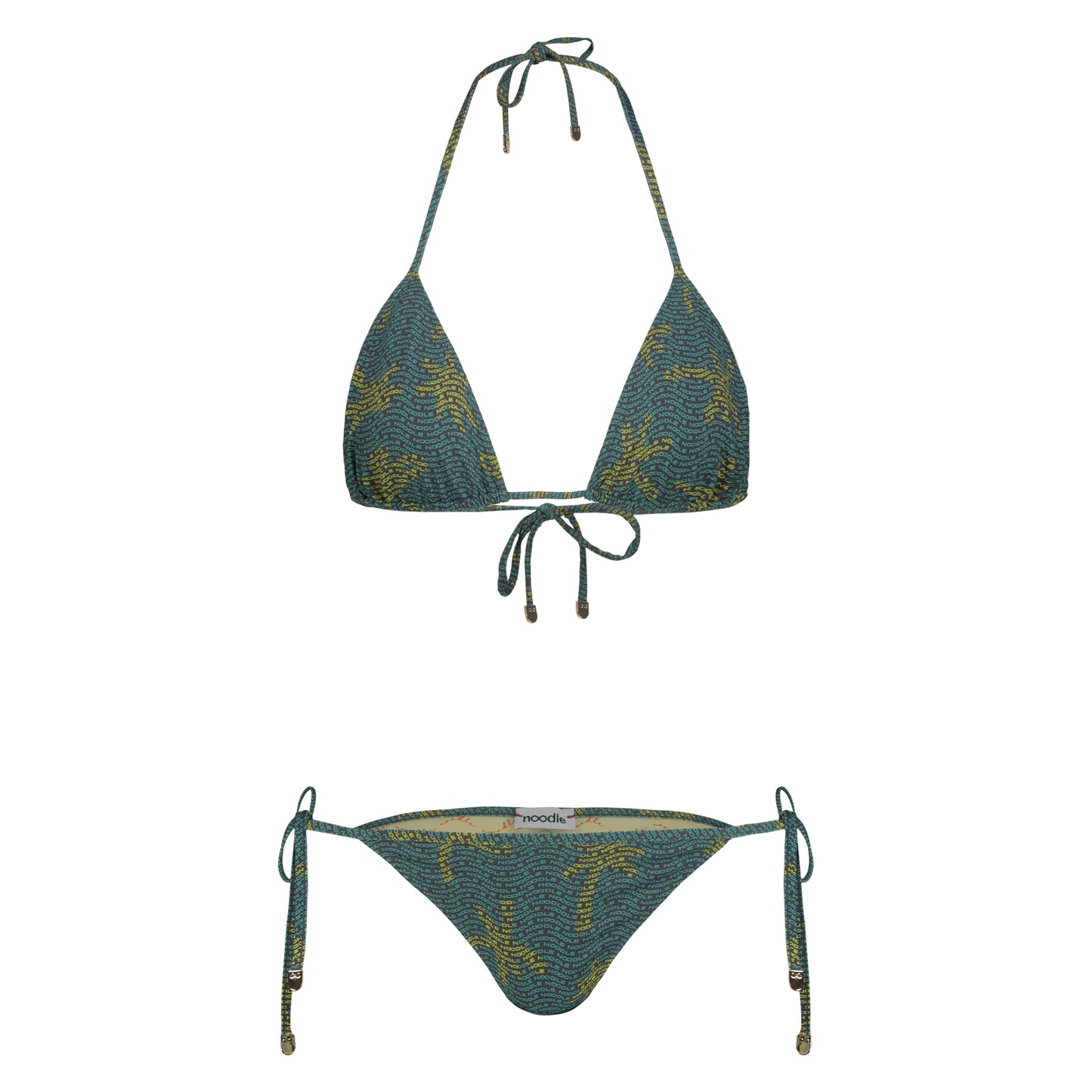 blue, green and yellow triangle halterneck bikini named Lou with premium fabrics, with a premium printed lining
