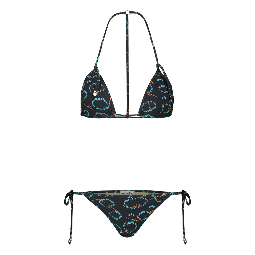 front of black and light blue bikini set Ellie with clouds from 2024 Noodle Beachwear