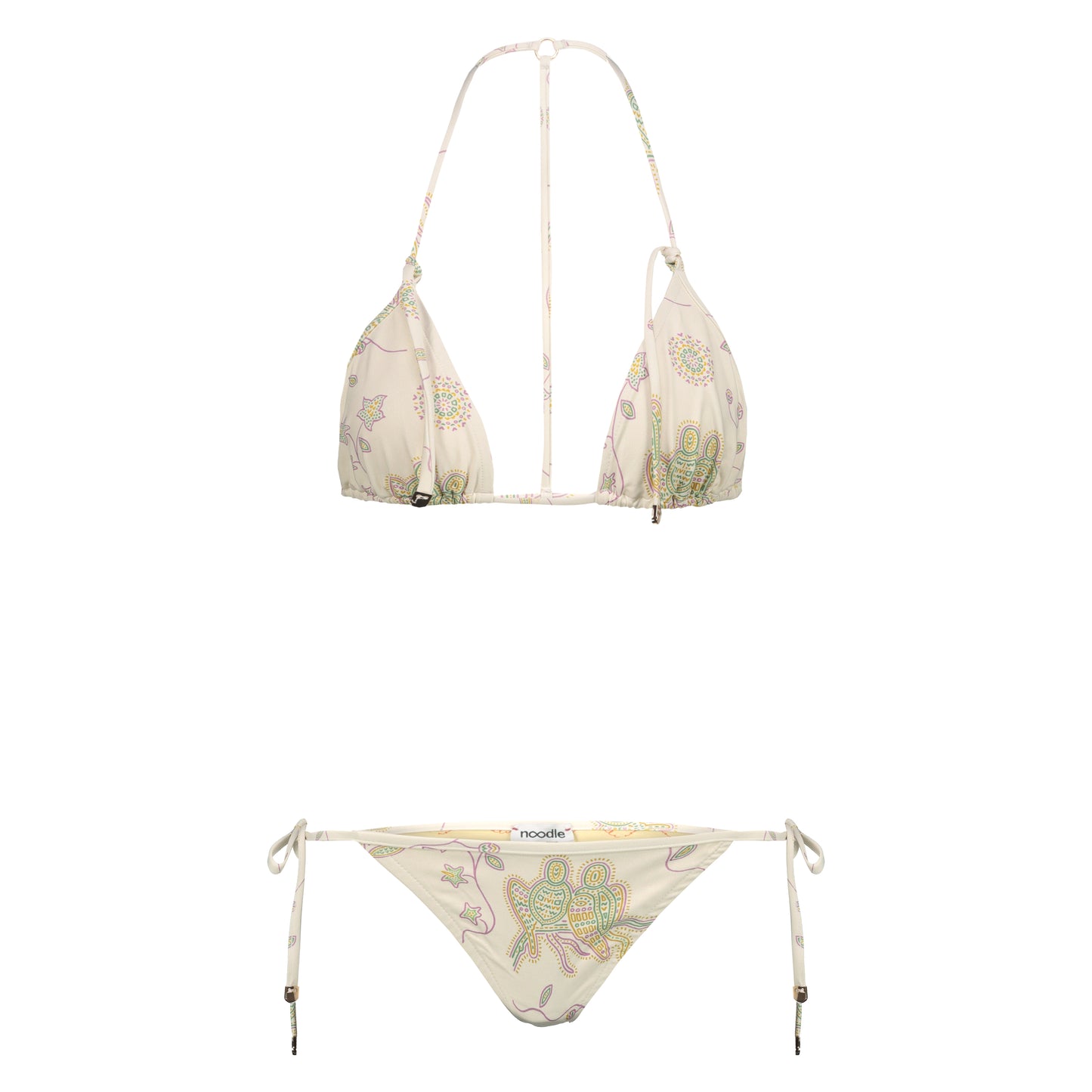 due pezzi bikini Noodle Beachwear Ellie di colore bianco latte con stampa di pappagalli a mosaico dalla collezione estiva del 2025 Noodle Mirage
white printed parrots Ellie bikini of Noodle Beachwear from the 2025 Noodle Mirage Collection