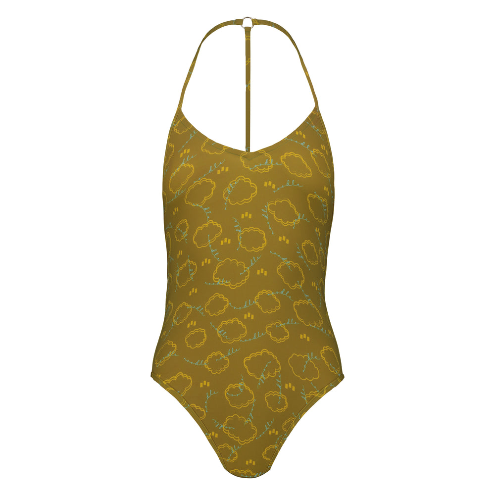 front of green yellow and light blue swimsuit Ellie with clouds from 2024 Noodle Beachwear collection