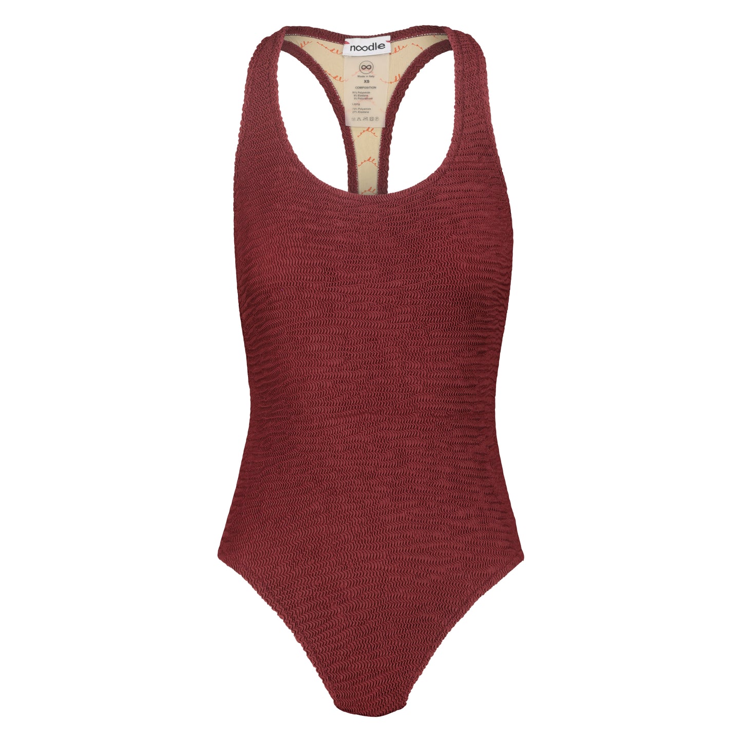 costume intero per donna goffrato chiamato saana di colore bordeaux dalla collezione dell'estate 2025 chiamata Noodle Mirage di Noodle Beachwear made in Italy

embossed one-piece girl bordeaux swimwear called saana from Noodle Beachwear 2025 summer collection  called Noodle Mirage