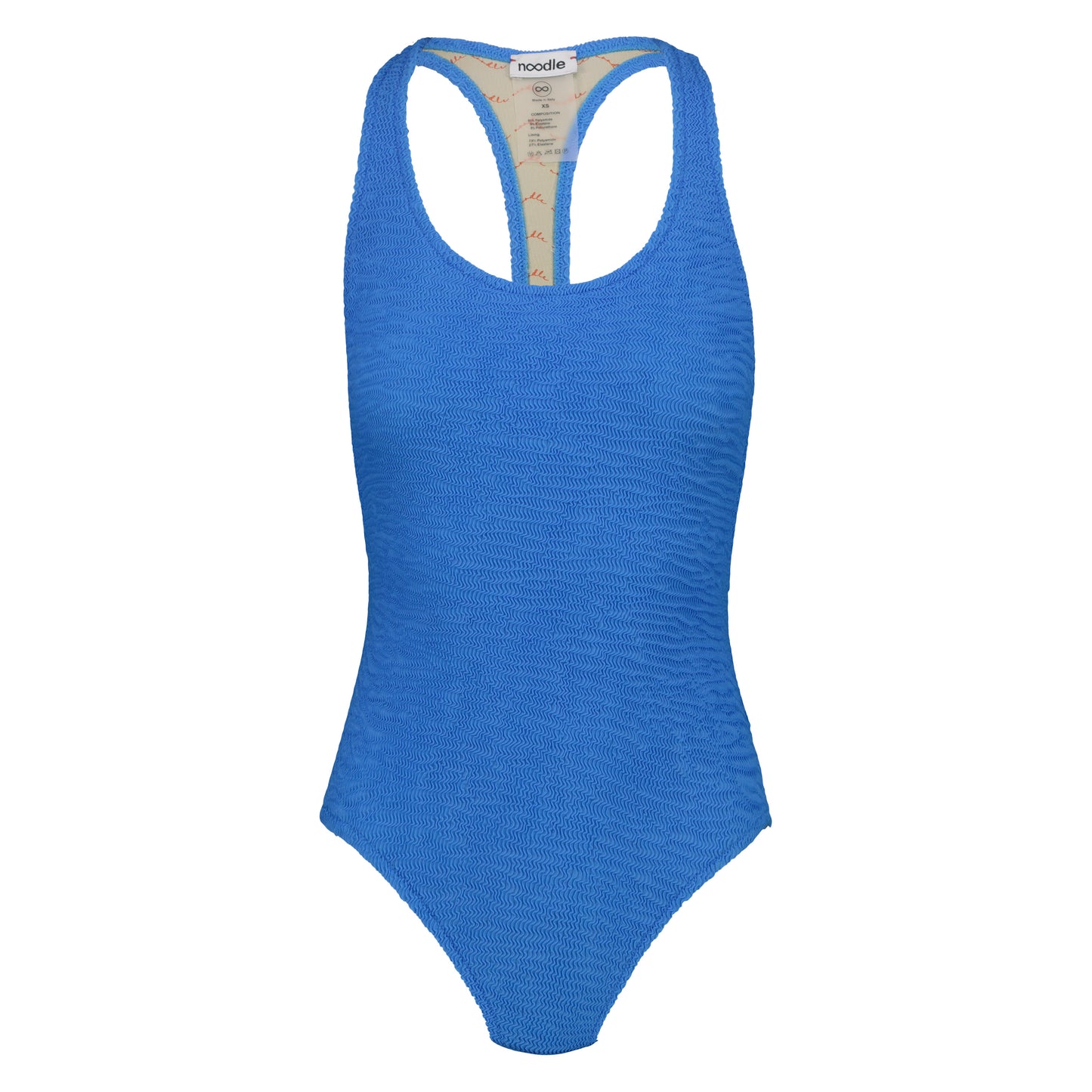 costume intero goffrato chiamato saana di colore blu cobalto acceso splendente dalla collezione dell'estate 2025 chiamata Noodle Mirage di Noodle Beachwear

embossed one-piece cobalt blue swimwear called saana from Noodle Beachwear 2025 summer collection  called Noodle Mirage