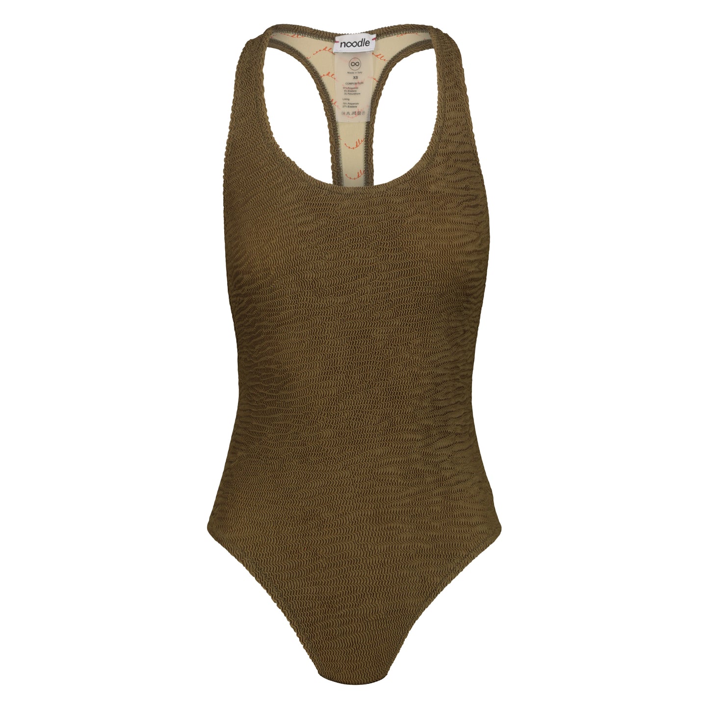 costume intero goffrato chiamato saana di colore verde oliva verde militare dalla collezione dell'estate 2025 chiamata Noodle Mirage di Noodle Beachwear made in Italy

embossed one-piece olive green military green swimwear called saana from Noodle Beachwear 2025 summer collection  called Noodle Mirage