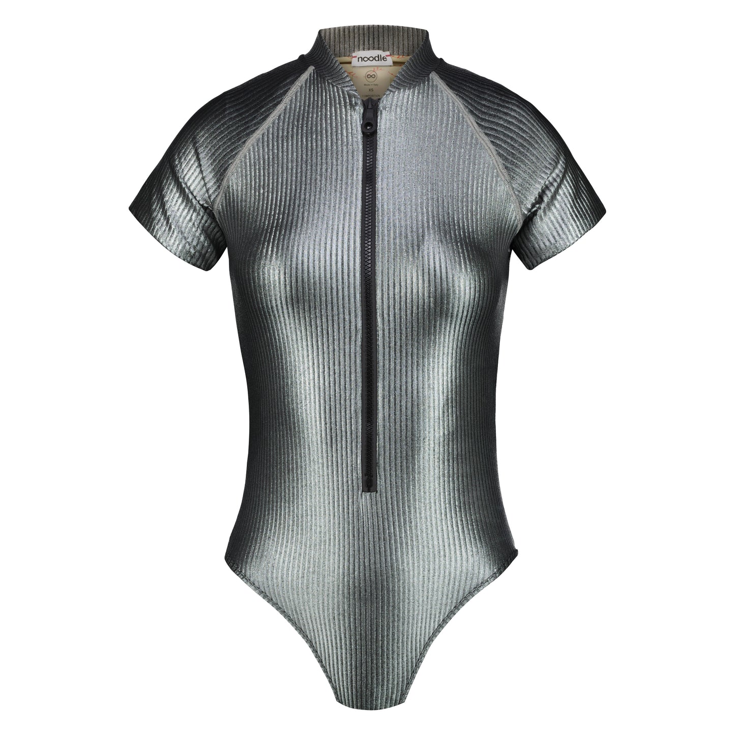 front of silver metallic ribbed swimsuit Sihana from 2024 Noodle Beachwear collection