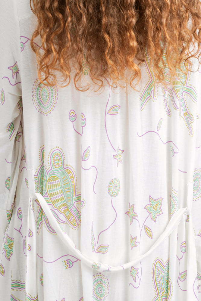 
                  
                    dettaglio di spalle dituyo kimono bianco latte con stampa pappagalli colorati con texture a mosaico di Noodle Beachwear dalla collezione 2025 estiva Noodle Mirage

back detail of tuyo kimono printed whitewith print of colorful parrot and texture
                  
                