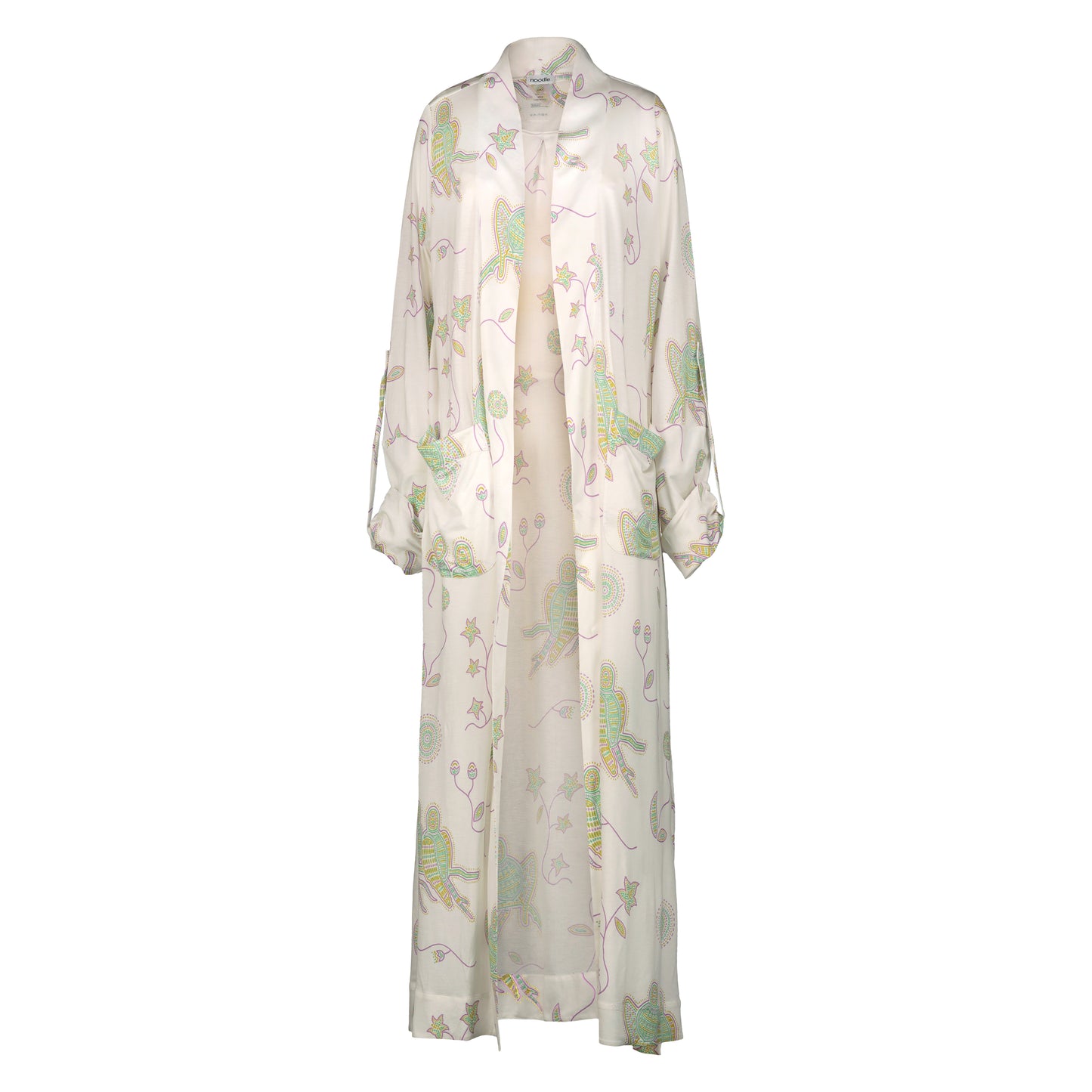 tuyo kimono bianco latte con stampa pappagalli colorati con texture a mosaico di Noodle Beachwear dalla collezione 2025 estiva Noodle Mirage

 tuyo kimono printed white milkwith print of colorful parrot and texture