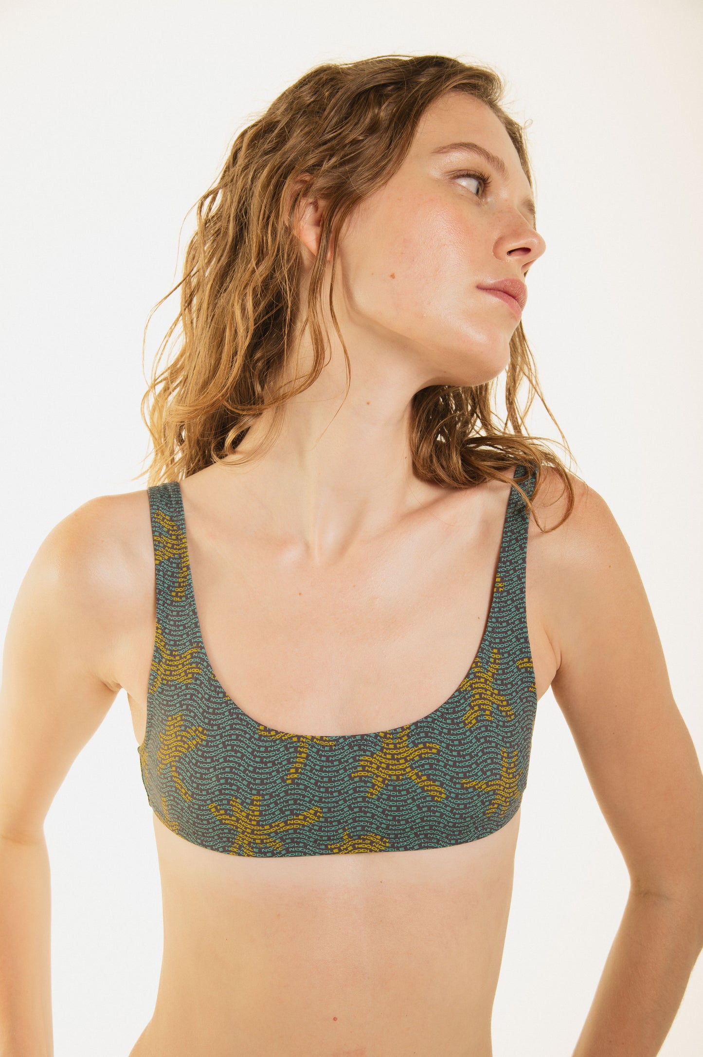 
                  
                    Zoe bralette printed bikini top with reamy palms, green yellow and grey with original noodle printed lining; best fabrics, perfect fit
                  
                