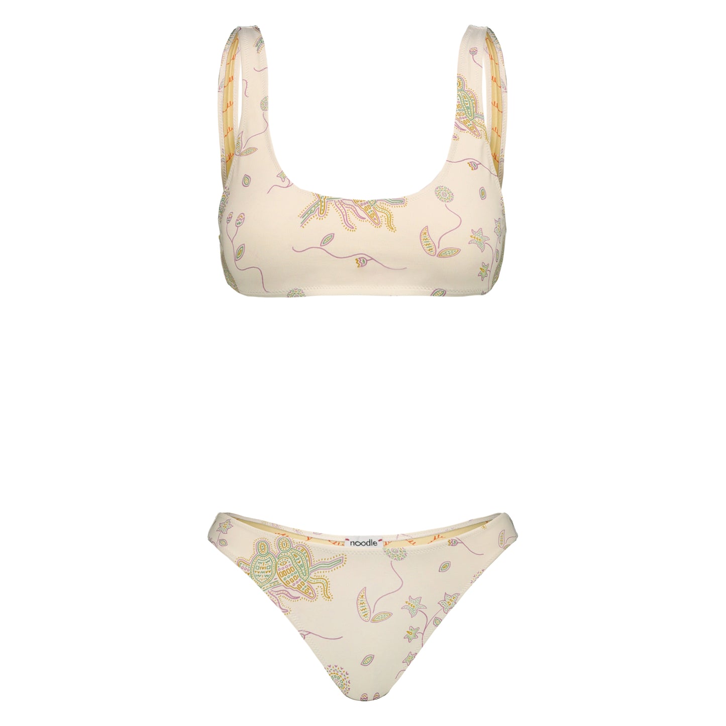 bikini Zoe di colore bianco latte con stampa a mosaico di pappagalli verdi gialli e viola con sole e fiori onirici dalla collezione nuova 2025 noodle mirage estiva di Noodle Beachwear

Zoe two-pieces milk white bikini with mosaic print of green yellow and purple parrots with dreamlike sun and flowers from the new 2025 noodle mirage summer collection by Noodle Beachwear
